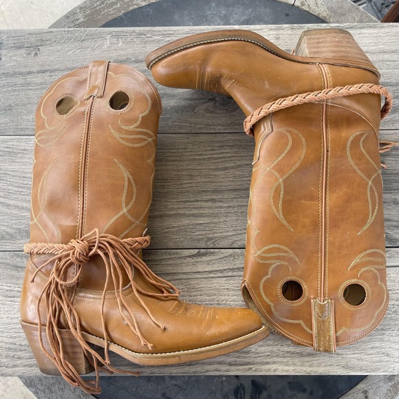 ACME Western Cowboy Boots Women 7.5 D Brown Leather Fringe Rope Stacked Heel USA - Picture 2 of 14